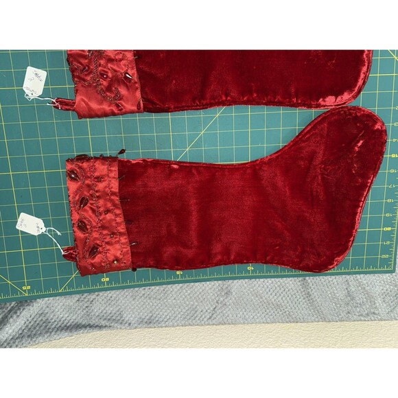 Christmas Bright Red Velvet 2 Stockings Floral Embroidered Beading - Picture 10 of 15
